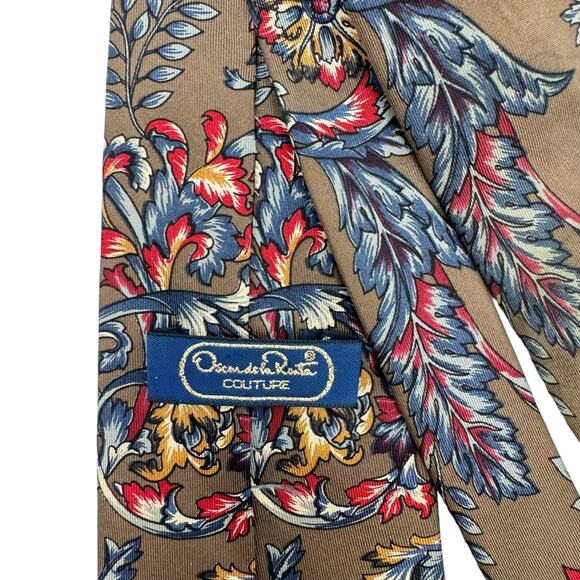Oscar de la Renta Couture Taupe Brown Red Blue Floral Print Men's Neck Tie - Picture 2 of 8